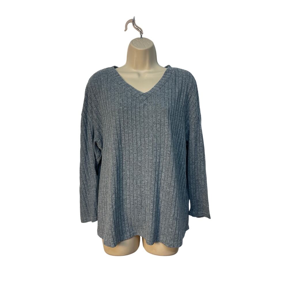 Shein Grey Ribbed Lounge Set Elastic Band Pants V Neck Long Sleeve Top Large